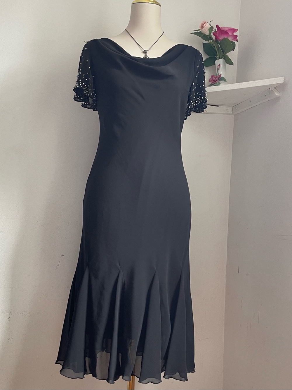 SL Fashions Black Cowl Neck Midi Dress with Beaded Sleeves